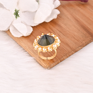 Green Tourmaline & Pearl Gemstone <b>Ring</b> for Women Trendy Brass Gold Plated <b>Adjustable</b> Jewelry - Product Image 4