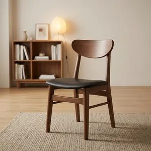 Chaise de restaurant moderne en bois avec dossier incurvé, assise rembourrée noire et pieds robustes pour café, maison, cuisine, décoration - Product Image 6