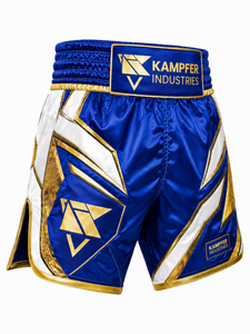 กางเกงมวยไทย MMA สีน้ำเงิน ขาว ทอง พิมพ์ลายแบบ Sublimation สำหรับผู้ใหญ่ 男女 แห้งเร็ว ระบายอากาศได้ดี ผลิตจากโพลีเอสเตอร์ 100% เหมาะสำหรับใส่ในยิม - Product Image 6