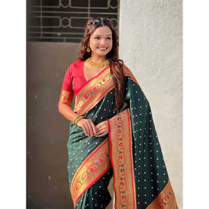 Sari en soie Elite Weaves Green Bottle Fusion avec bandhani tissé Zari, style indien et pakistanais, 650g - Product Image 5