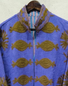 Chaqueta de Lana Azul con Cuello Mandarín Bordado, Manga Larga, Tejida a Mano con Punto Abierto, Abrigo de Otoño para Mujer - Product Image 2