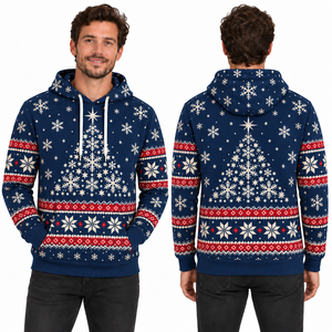 Sweat-shirt à capuche pour homme, imprimé rennes et flocons de neige bleus, en polyester tricoté, décontracté, hiver, avec poche, coupe classique - Product Image 2