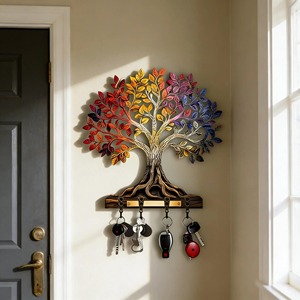 Porte-clés mural en bois à motif d'arbre coloré, design original, pour le rangement des clés, la décoration et l'organisation de l'entrée, provenant d'Inde. - Product Image 1