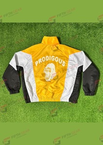 Mens Yellow White <b>Black</b> Color Blocking Track Jacket With Custom Logo Heat Transfer Printing Breathable Satin Fabric Sporty Style - Product Image 2