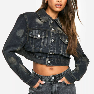 Latest Design Waist Detail Distressed Cropped Eco-Friendly Cotton <b>Denim</b> <b>Jacket</b> Long Sleeve Designed Women All - Product Image 1