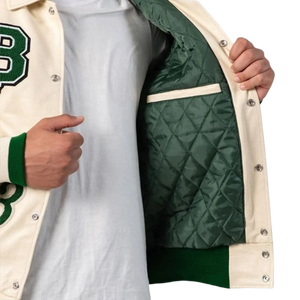 Cream Varsity <b>Jacket</b> With Green Embroidered Patches And Button Closure Regular Fit Full Sleeve Turn-down Collar - Product Image 4