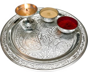 <b>Mandir</b> Decor Brass Pooja Thali Set Traditional Craft Puja Plate with Diya Bell Kalash Home Use - Product Image 1
