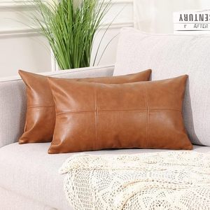 Funda de cojín rectangular de piel sintética marrón con costuras modernas, funda de almohada lavable con cierre tipo sobre para decoración del hogar - Product Image 5