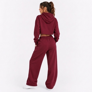 Women's Athleisure Crop Hoodie Wide Leg Pants <b>Set</b> Custom OEM ODM Private Label Clothing Manufacturer - Product Image 2