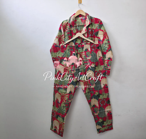 Premium Women's Red Cotton Summer Pajama Set Two-Piece Nightwear Full-Sleeve Button Shirt Comfortable Matching <b>Trousers</b> - Product Image 1