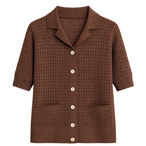 Camiseta de Punto de Manga Corta para Mujer, Cuello Solapa con Botones, Punto Abierto, Mezcla de Algodón, Suéter Ligero, Estilo Casual y Elegante - Product Image 1