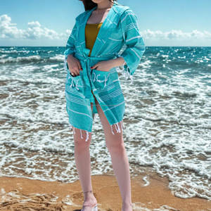 Hot Selling <b>Bathrobes</b> Simple Design <b>Bathrobe</b> <b>Hood</b> Hotel Handwoven Striped Custom Hammam <b>Bathrobe</b> for Unisex - Product Image 4