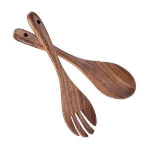 Solid Hardwood Salad <b>Server</b> with Spoon Fork Set Includes Bowl Commercial <b>Buffet</b> Food Serving Set Made From Buffalo Horn Wood - Product Image 3