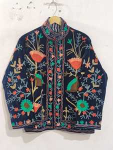 Bohemian Navy Velvet Embroidered Stand Collar Jacket Vintage Boho Oversized Cartoon <b>Long</b> Sleeve Coat Casual <b>Dresses</b> - Product Image 2
