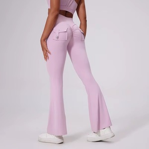 Custom Wholesale Shiny High Waist Spandex/Polyester Solid Women V Back Butt Lift Tummy Control Seamless <b>Flare</b> <b>Leggings</b> - Product Image 5