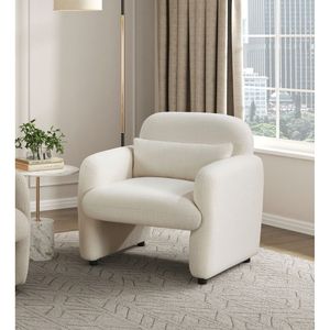 Poltrona Contemporanea 1 Pezzo per Soggiorno Accogliente, Rivestimento in Tessuto Bouclé Beige, Struttura in Compensato, Cuscino Incluso - Product Image 2