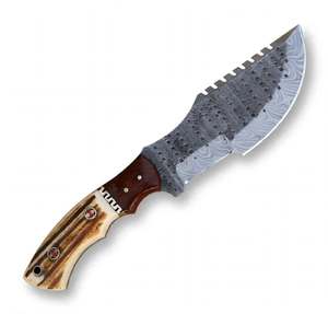 Outil utilitaire d'extérieur en acier Damas forgé à la main, à double tranchant, avec manche en bois de cerf - Product Image 1