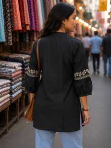 <b>Women</b> Wear Black Cotton Embroidered Short <b>Kurti</b> Loose Fit Midi Ethnic Tunic Top Casual Wear India Pakistan Style <b>Kurti</b> <b>for</b> <b>Women</b> - Product Image 2