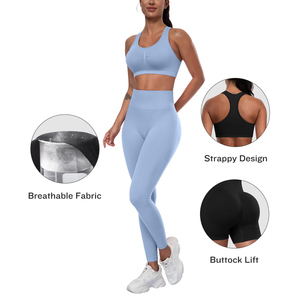 Conjunto de Yoga sin Costuras Azul Claro para Mujer, Sujetador Deportivo y Pantalones Cortos de Cintura Alta, 2 Piezas, Ropa Deportiva con Diseño Fruncido en los Glúteos - Product Image 4