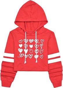 Sweat-shirt à capuche court rouge pour femme, imprimé cœur, manches longues, en molleton de coton respirant tricoté - Product Image 2