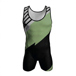 Singlet gulat warna hijau hitam dengan blok warna, sublimasi, menyerap keringat, model ketat, untuk segala musim, pakaian olahraga dewasa. - Product Image 1