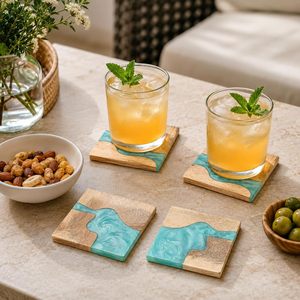 Handmade <b>Wood</b> Resin Coasters Green River Design Modern Non-Slip Durable Square <b>Table</b> <b>Mats</b> for Hotels - Product Image 4