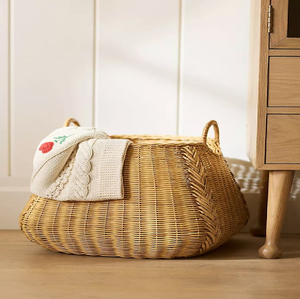 Cylindrical brown <b>wicker</b> <b>laundry</b> <b>basket</b> featuring an open lattice pattern, a removable fabric liner, and a flat woven lid, - Product Image 3