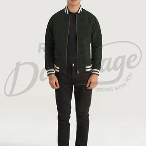 Blouson bomber en daim véritable vert foncé pour homme avec poignets côtelés rayés et design minimaliste ajusté - Product Image 4