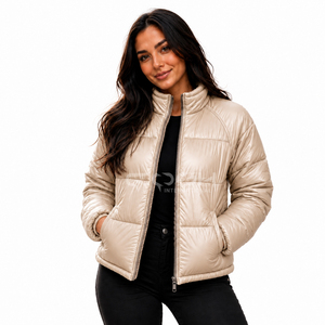 Veste matelassée pour femme Cosh International, col montant, manches longues, fermeture éclair, couleur beige, manteau chaud - Product Image 1