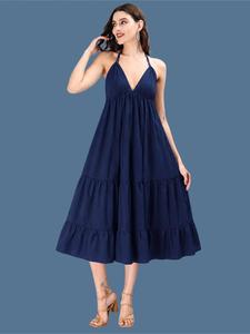Vestido maxi bohemio de algodón y lino azul marino liso para mujer, vestido halter con cintura imperio y volantes escalonados, vestido midi de verano - Product Image 6