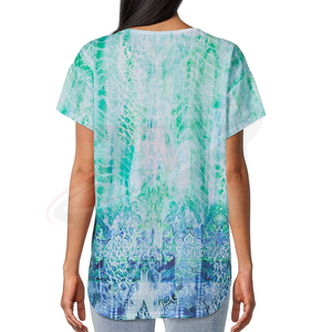 Camiseta de Mujer con Cuello en V, Manga Corta, Estampada, Corte Holgado, Estilo Casual, para Primavera/Verano, Tejido de Punto Transpirable, Verde/Azul - Product Image 2