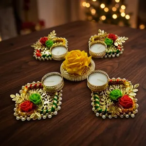 Handmade Floral <b>Tealight</b> Candle <b>Holder</b> Set with Roses Pearls and Gold Decor for Diwali Wedding Pooja and Home Decoration Art - Product Image 2