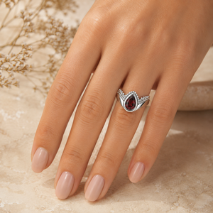 <b>Garnet</b> 925 Sterling <b>Silver</b> Women's Engagement <b>Ring</b>-Pear-Cut Bezel Stone with Beaded Detailing Trendy Design - Product Image 5