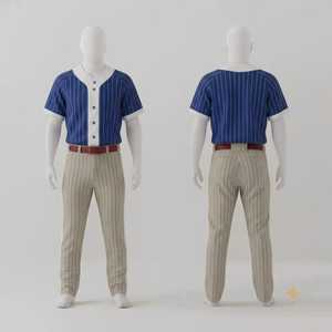 Ensemble uniforme de baseball pour homme, maillot rayé bleu, pantalon beige, fermeture à boutons, coupe classique, toutes saisons, vêtements respirants - Product Image 1