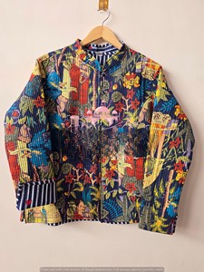 Handmade Kantha Quilted <b>Jacket</b> For Women Cotton Quilted Coat Block Print Indian Outerwear Floral Jungle Print Boho <b>Blazer</b> - Product Image 4