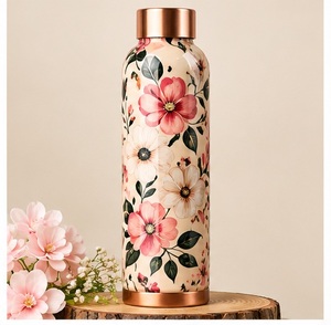 Floral <b>Bird</b> Design Copper <b>Water</b> Bottle With Wooden Lid Portable Travel Use - Product Image 5