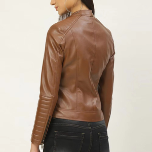 Dark <b>Brown</b> Color Zipper Pocket Fashionable <b>Leather</b> <b>Jacket</b> Women's Wholesale Button Closure Caller <b>Leather</b> <b>Jacket</b> For Women - Product Image 2