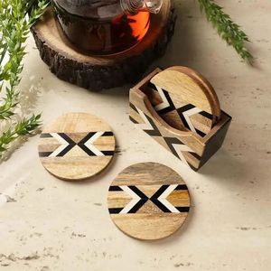 Wooden Round <b>Coasters</b> <b>Set</b> With Geometric Pattern Bohemian Design Non-Slip Mats For Table Decor - Product Image 1