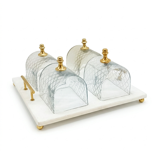 Juego de 4 Recipientes de Vidrio con Tapa de Mármol Blanco para Servir Frutos Secos, con Asa Lateral, Plato para Aperitivos, Decoración de Mesa - Product Image 1