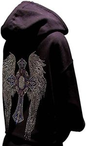 Sweat-shirt en coton tricoté unisexe noir de qualité supérieure avec strass, croix et ailes d'ange, style gothique, coupe classique, fabricant OEM - Product Image 3