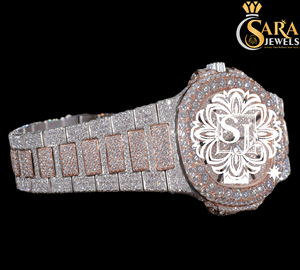 Reloj hecho a mano de dos tonos chapado en oro de 18 quilates de alta calidad con tachuelas de moissanita con esfera árabe y calendario completo - Product Image 2
