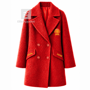 Manteau long en laine personnalisé NSPDK Sorority avec logo brodé sur le devant, couleur rouge et or, manches longues, pour femme. - Product Image 1