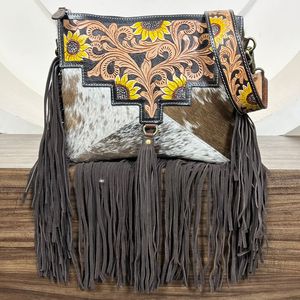 Elegant Vintage <b>Large</b> Capacity Women's Hand Tooled Cowhide Leather Fringe Crossbody Shoulder Bag Luxury Sunflower Design Handbag - Product Image 4