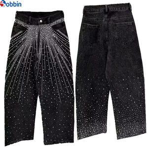 Jeans pour femmes vintage, ornés de strass brillants, style streetwear, nouvelle mode, taille haute, délavé rétro, coupe ample, avec strass thermocollés - Product Image 3