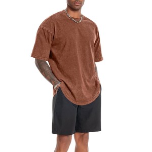 Trending 100% Cotton <b>Men's</b> Oversized Acid Wash <b>T</b> <b>Shirt</b> Short Sleeve O Neck <b>Curved</b> <b>Hem</b> Solid Street Style Tee Brown OEM ODM - Product Image 1