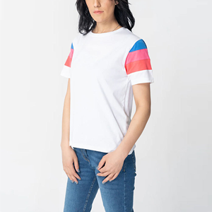 T-shirt à col rond à manches courtes pour femme, design à rayures colorées, coupe classique, décontracté, 100% coton, tissu jersey respirant - Product Image 6