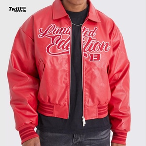 Vestes d'extérieur pour hommes avec logo personnalisé au design de luxe Veste en cuir de haute qualité Broderie personnalisée de couleur rouge - Product Image 1