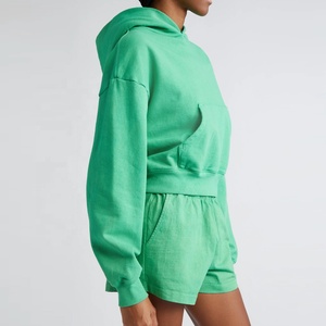 <b>Women's</b> <b>Green</b> Hooded <b>Fleece</b> 2-Piece Shorts Set Casual Regular Fit Solid Color Winter Daily Wear Breathable Quick Dry Waterproof - Product Image 3