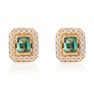 18K Gold Square Cut <b>Emerald</b> and Diamond Statement <b>Stud</b> <b>Earrings</b> - Product Image 2