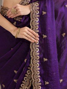 <b>Purple</b> Satin Silk <b>Saree</b> Embroidered Blouse Cutwork Border Traditional Indian Dress for Wedding Party Festive Wear - Product Image 5